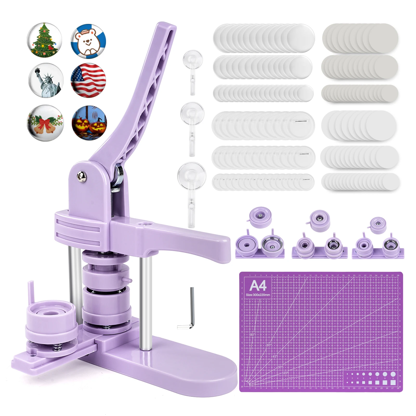 

3 in 1 DIY Pin Button Maker Machine 25/32/58mm Badge Press Machine with 300pcs Button Parts Unique Design Simple Operation