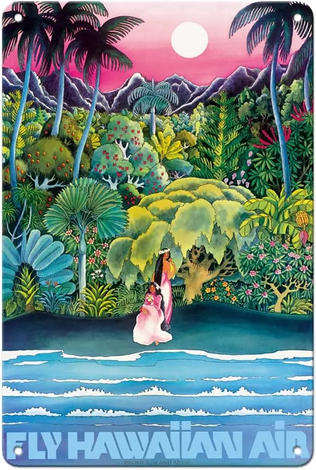 Pacifica Island Art Fly Hawaiian Air - Hawaii Women on the Beach - Hawaiian Airlines - Vintage Airline Travel Poster c.1970 sign