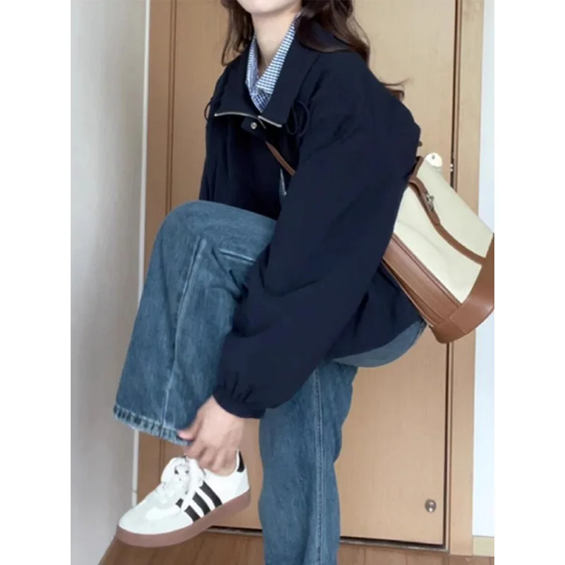 

Biker Jackets Womens Jacket Zipper Autumn Leather Adjustable Drawstring Panelled Plaid Lapels Preppy Highstreet Students Velvet