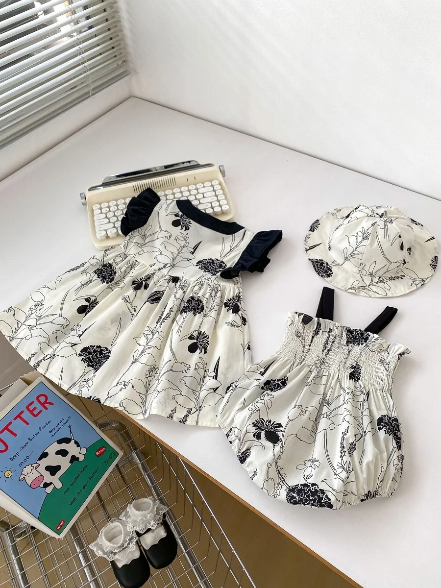 Cute Baby Girl Summer Clothes Sleeveless Strap Flower Bodysuit Hat Sister Match Toddler Dress A-Line One-Pieces Sundress Suit