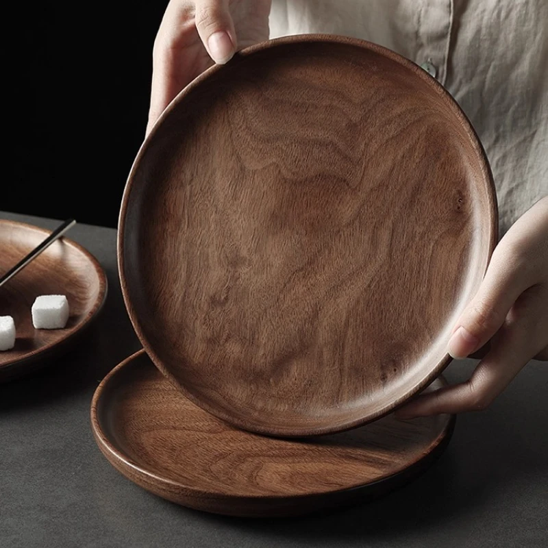 

Round Black Walnut Tray Home Bread Plate, Fruit Tray Dinner Plate, Dessert Plate Solid Wood Tableware