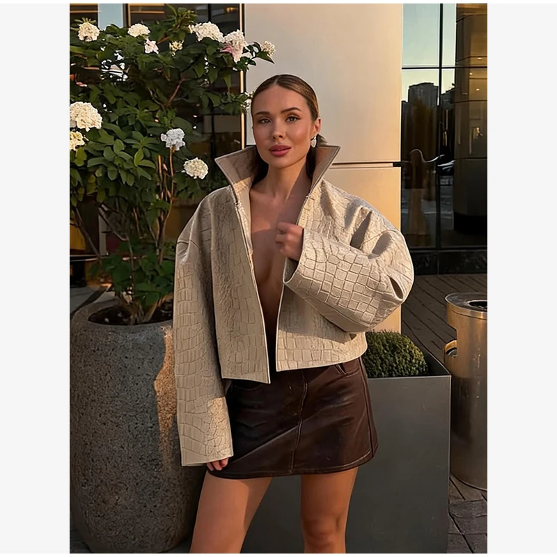 Crocodile Embossed Faux Leather Long Jackets Chic Wide Lapel Belted Waist Quarter Sleeve Loose Coat Women Street Chic Outfits