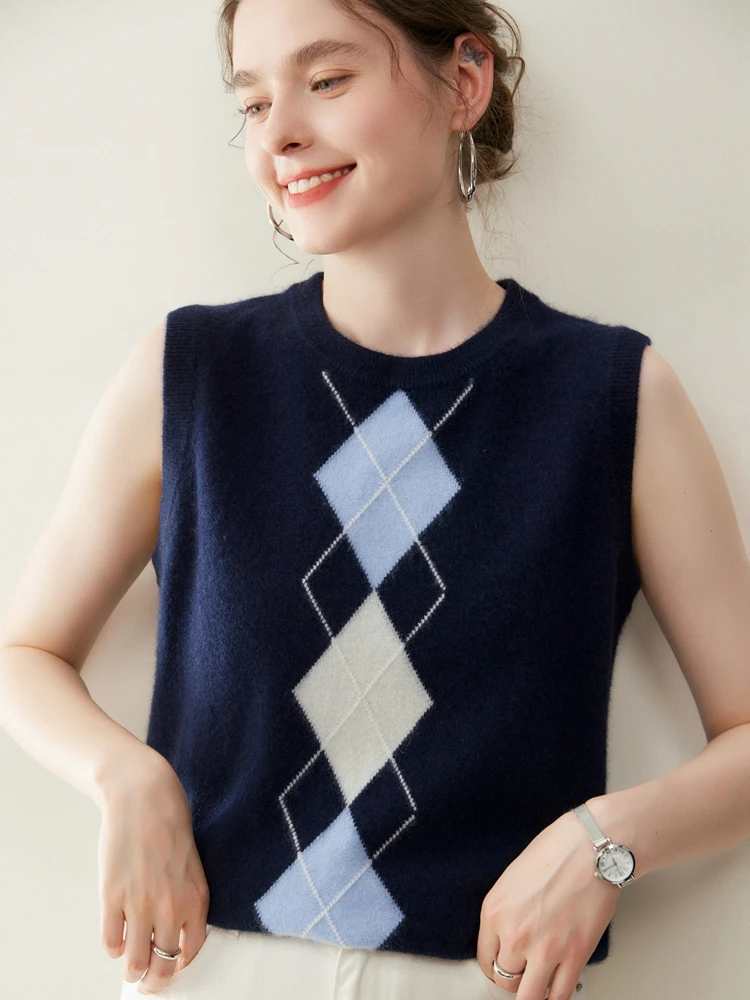 

TLOML Women 100% Cashmere Sweater Jacquar O-neck Pullover Autumn Winter Waistcoat Soft Cashmere Knitwear Sleeveless Casual Tops