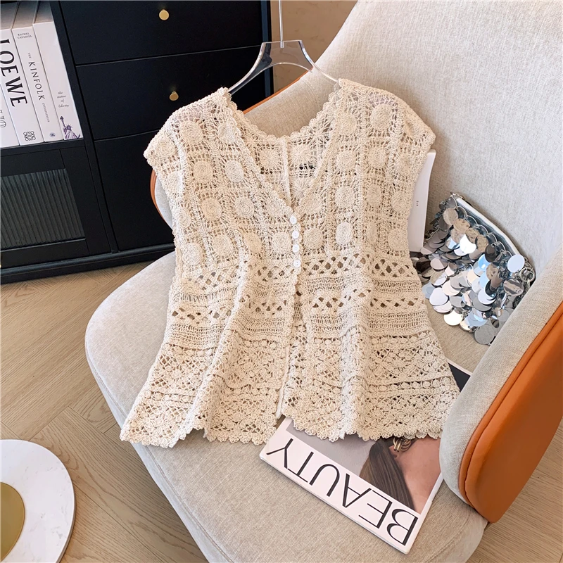 ノースリーブ女性かぎ針編みシャツ韓国ファッション女性フックフラワー中空アウトブラウス V ネックニットベストトップス