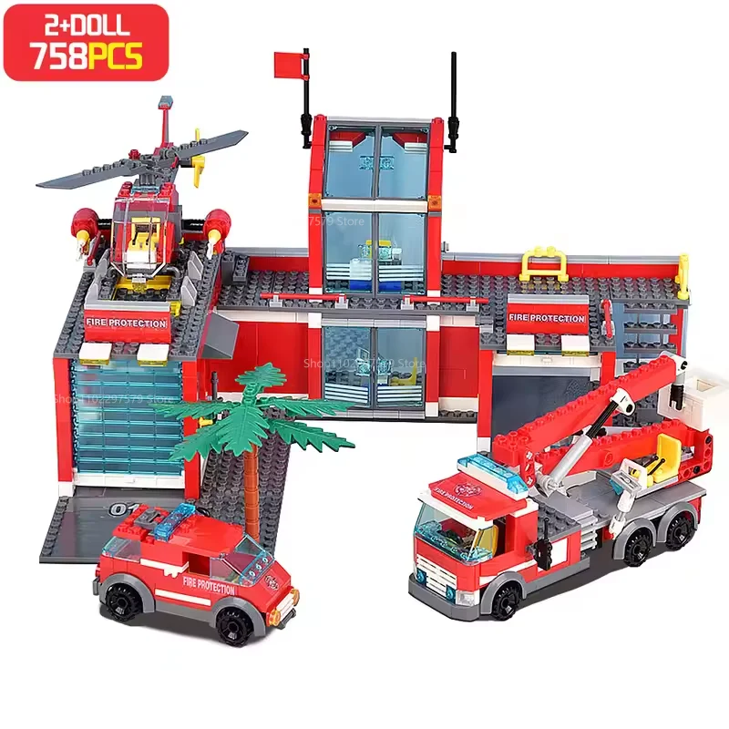 

Latest 758pcs City Fire Station Model Building Blocks Trucks Helicopter Firefighter Bricks Educational DIY Toys Children's Gifts
