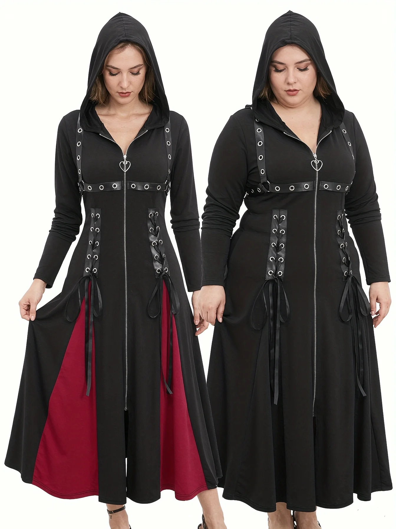 ROSEGAL Plus Size Women Hooded Coat Gothic Lace Up Pu Leather Jacket Fall Winter Long Sleeve Zipper Front Punk Streetwear Outwea