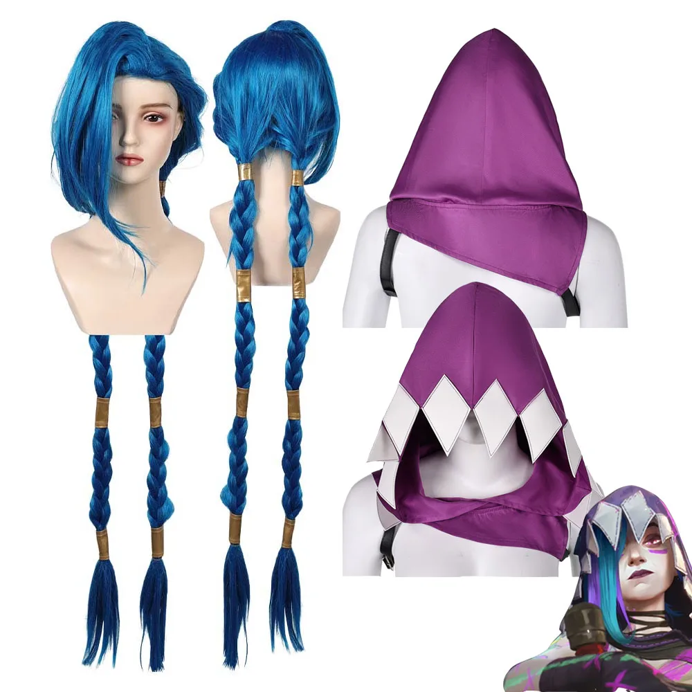 Arcane Jinx คอสเพลย์ผู้หญิงแฟนตาซีหมวกวิกผมสังเคราะห์ทนความร้อนผมเกม LOL เครื่องแต่งกายอุปกรณ์เสริม Carnival ฮาโลวีน Headwear