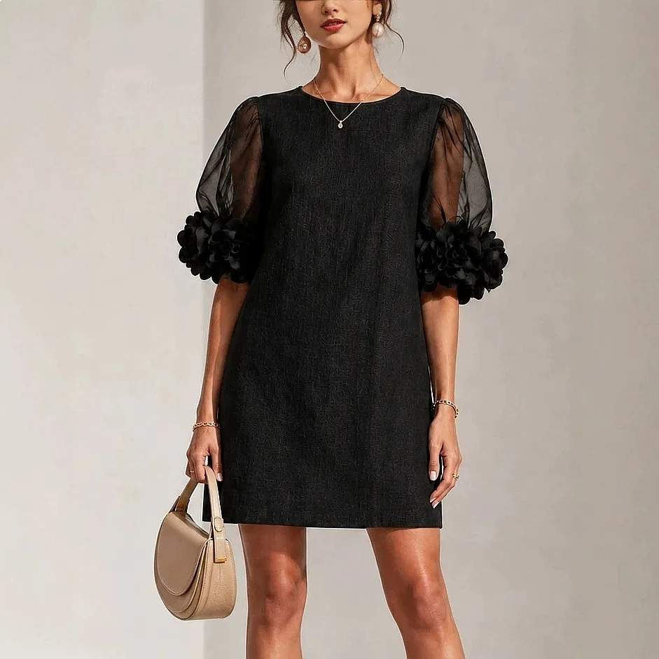 Women Mesh Bubble Sleeve Dress 3D Floral Texture Loose Straight Short Dresses Spring Summer Crew Neck Party Elegant