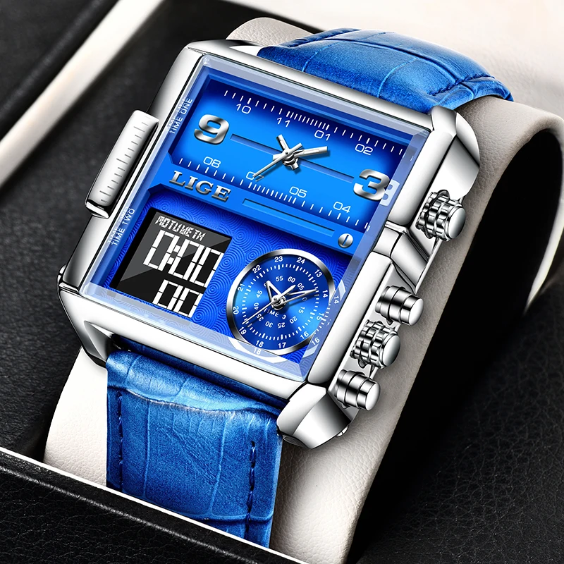 LIGE Mens Watches Fashion Square Blue Leather Strap Calendar Quartz Watches Men LED Digital Dual Display Chronograph Man Watch