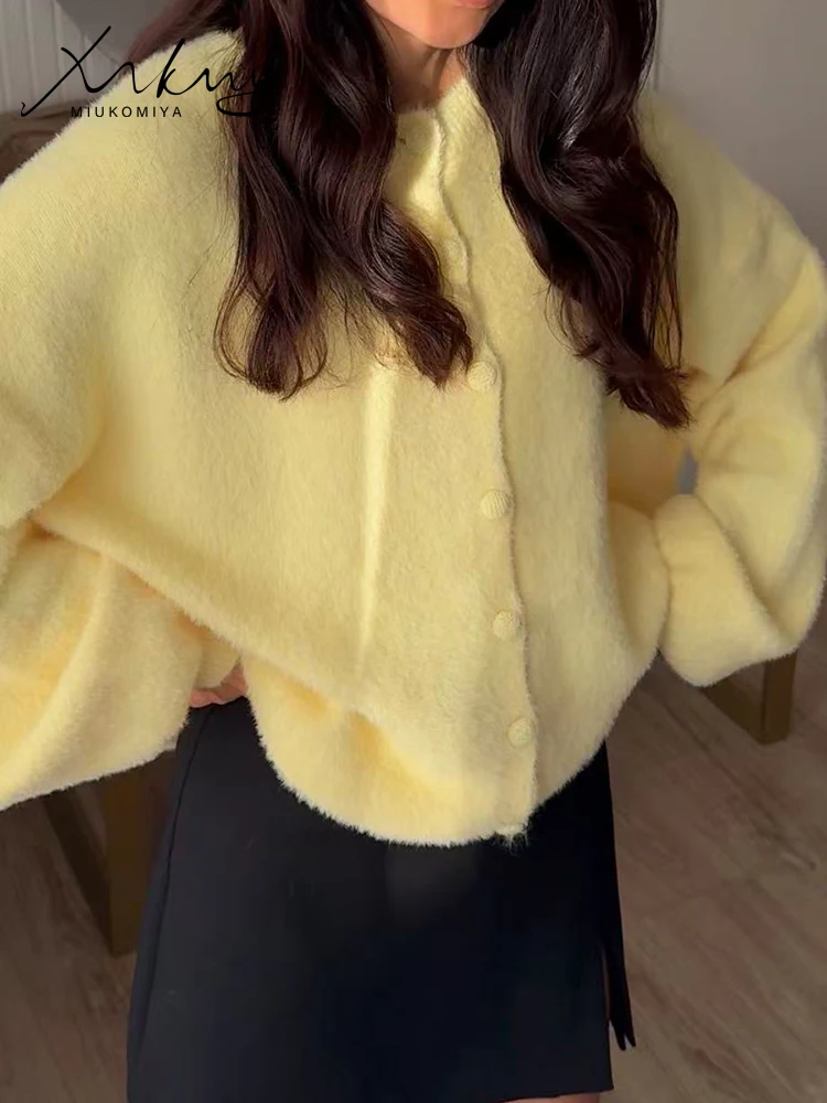 Autumn Imitation Mink Cardigan Women Loose Soft Knitted Jacket Long Sleeve Button Fluffy O Neck Cardigan For Women Luxury Coats