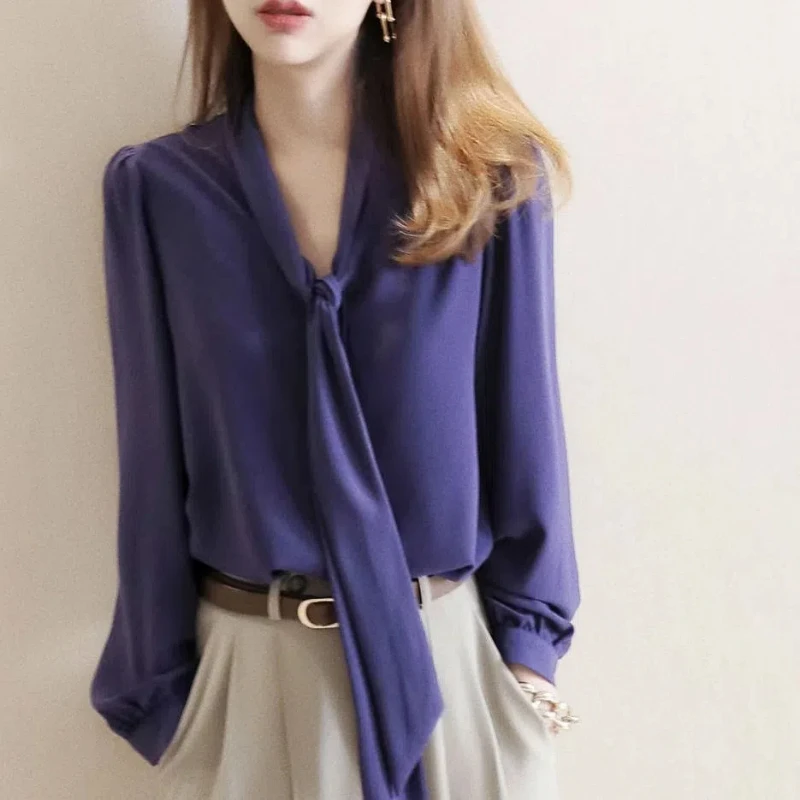 Spring Autumn New Solid Color Scarf Collar Long Sleeve Shirt Women High Street Casual Button Cardigan Elegant All-match Tops