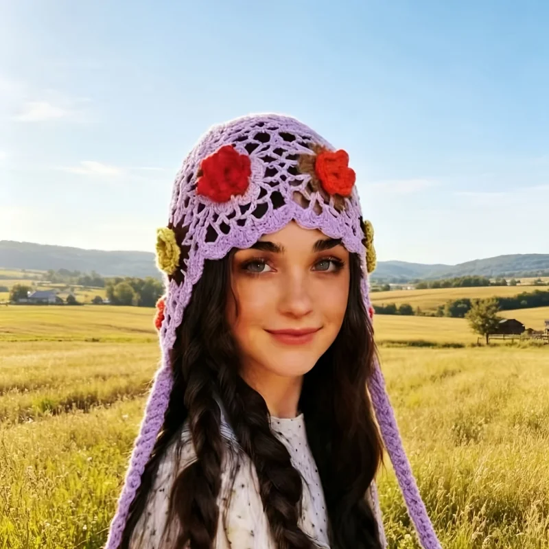 Colorful Floral Spring/Summer Tassel Hat Fashionable Casual Sweet Outdoor Breathable Portable Pullover Cap With Strap