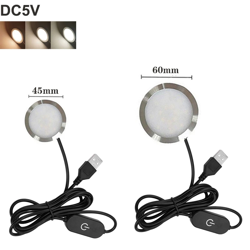 45mm/60mm USB Plug 5V LED Touch Dimming Downlight 3W Spotlight Surface Mounted Mini Circular Ceiling Exhibition Cabinet