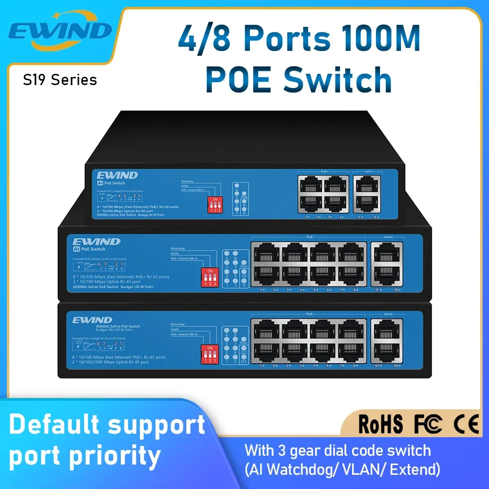 

EWIND Fast POE Switch 4/8 Ports 10/100Mbps Ethernet Switch with 2 Uplink RJ45 Ports AI Smart Switch for IP Camera/Wireless AP