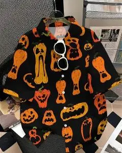 Men Halloween Pumpkin Short Sleeve Shirt Scary Jack‑o‑Lantern Print Turn‑Down Collar Casual Shirts