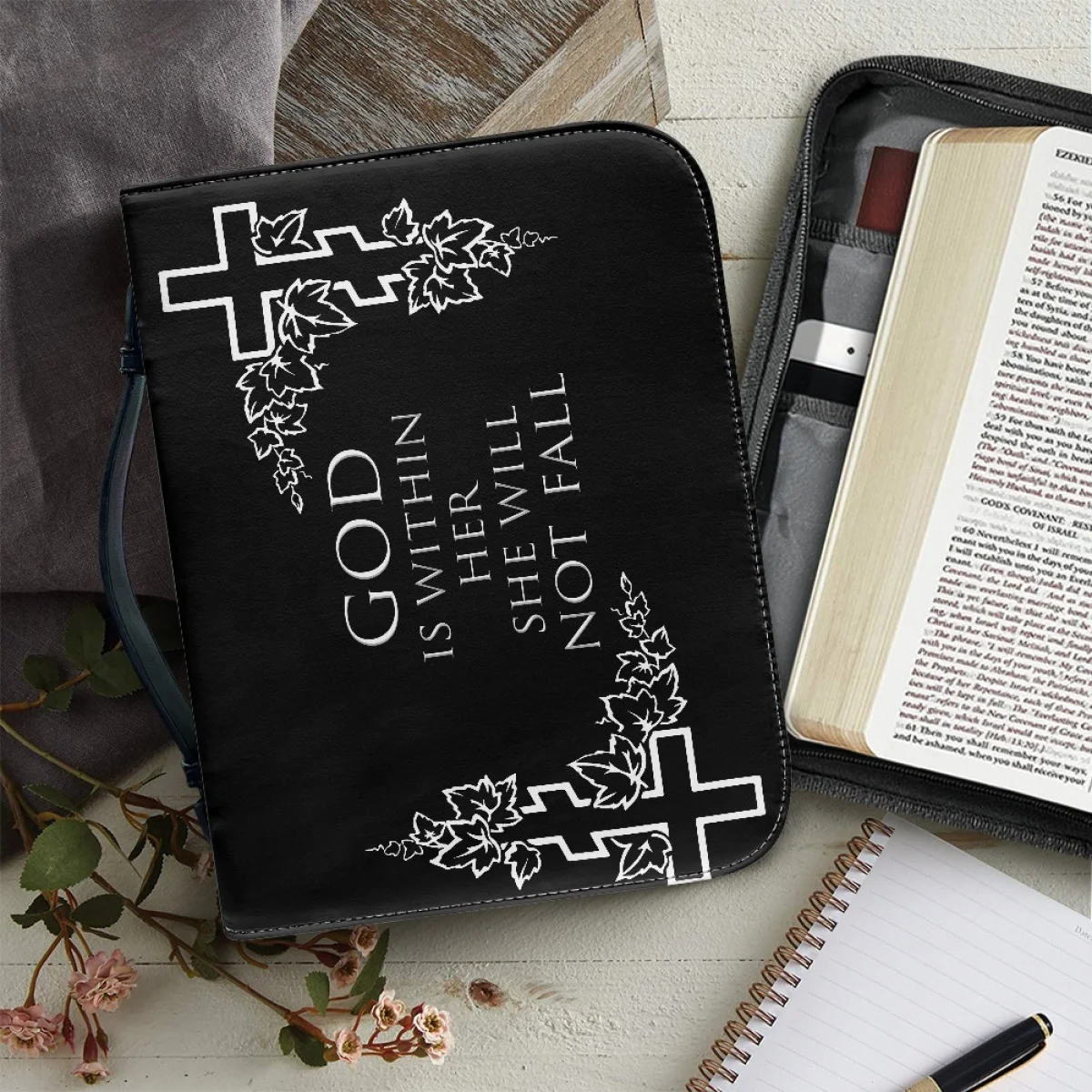 FORUDESIGNS Black Leather Bible Cover Cross Art Design Carrying Book Case Church Bag Bible Protective Handle Zippered Pocket