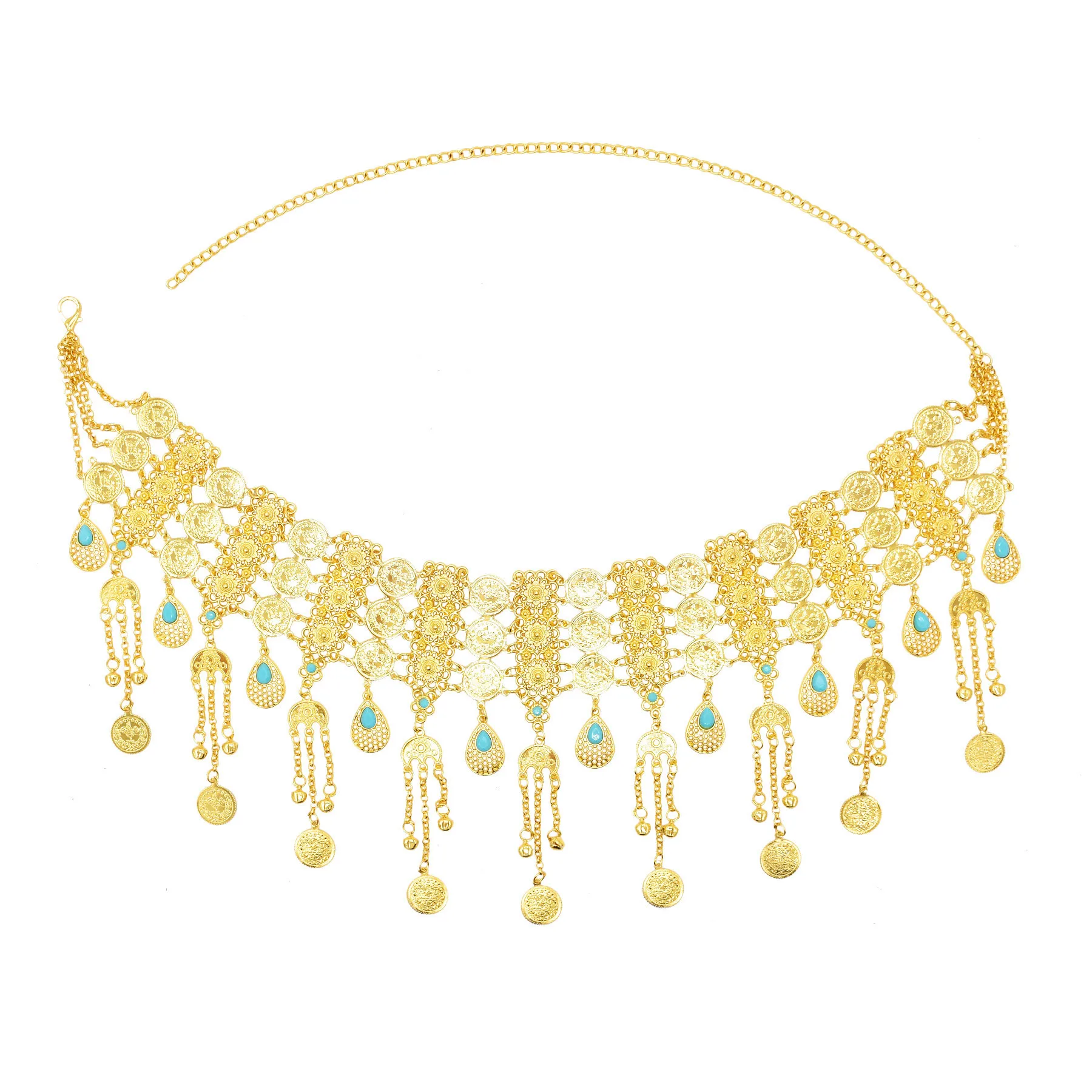 

Golden three-layer coin tassel, long chain waist chain, women's abdominal accessory, party, Thailand, Middle East new fashion