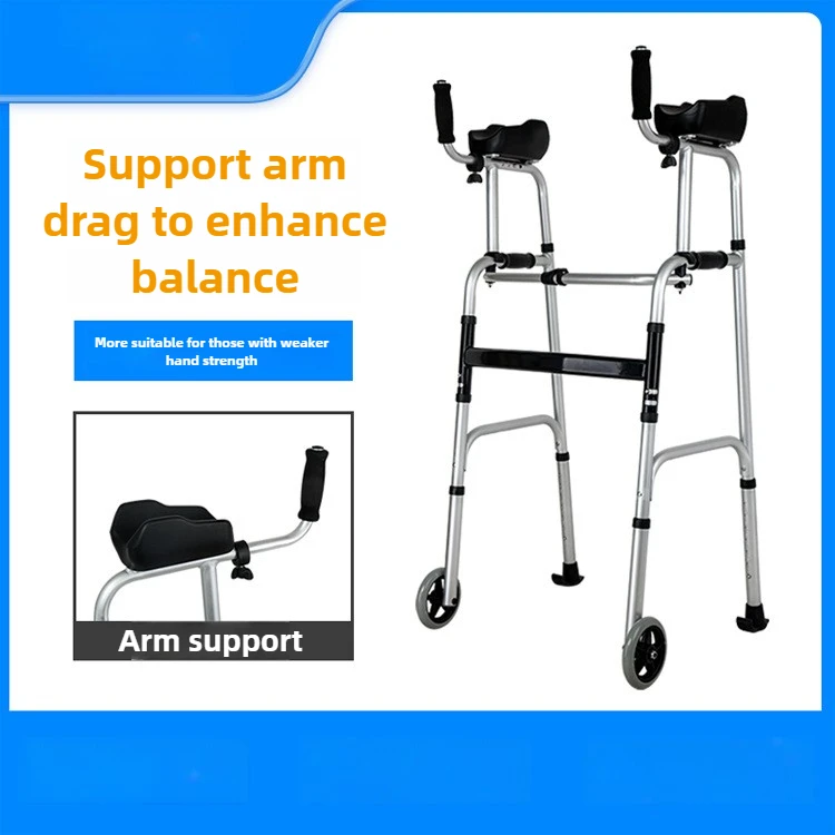 Aluminum Alloy Walker with Wheels  Seat - 4-Legged Cane for Disabled Rehabilitation Aid with Forearm Rests Mobility Aids