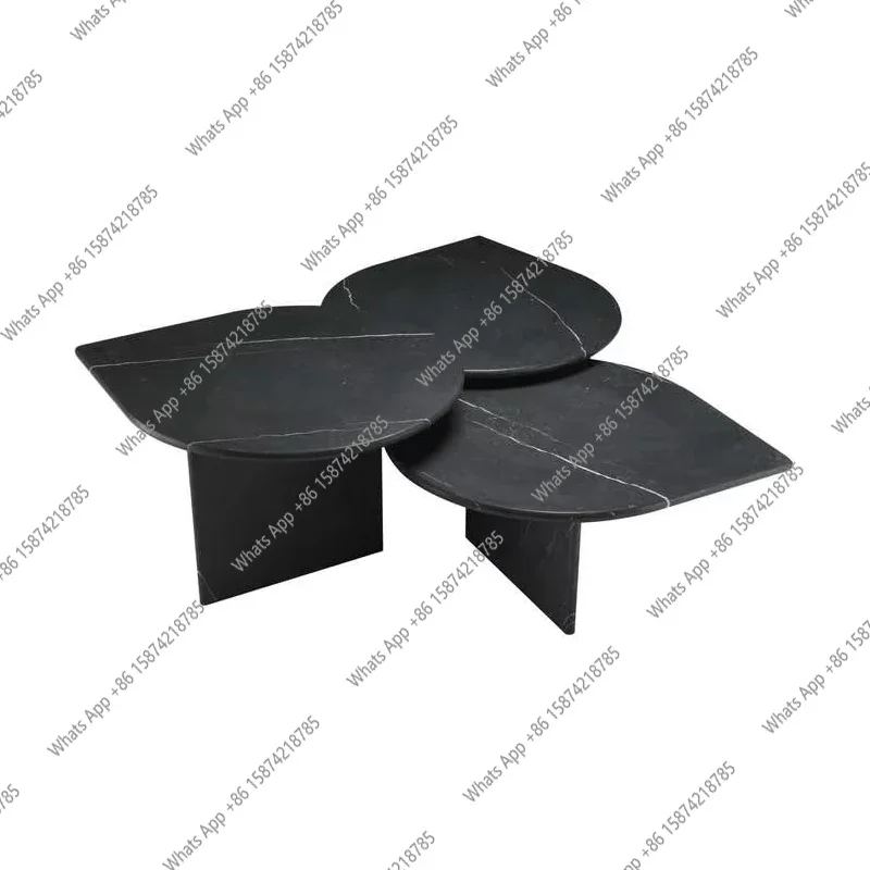 طقم طاولة قهوة من الرخام الأسود بتصميم إيطالي من J - طاولات متداخلة على شكل ورقة شجر، طاولة جانبية فاخرة للأريكة الثلاثية لديكور غرفة المعيشة