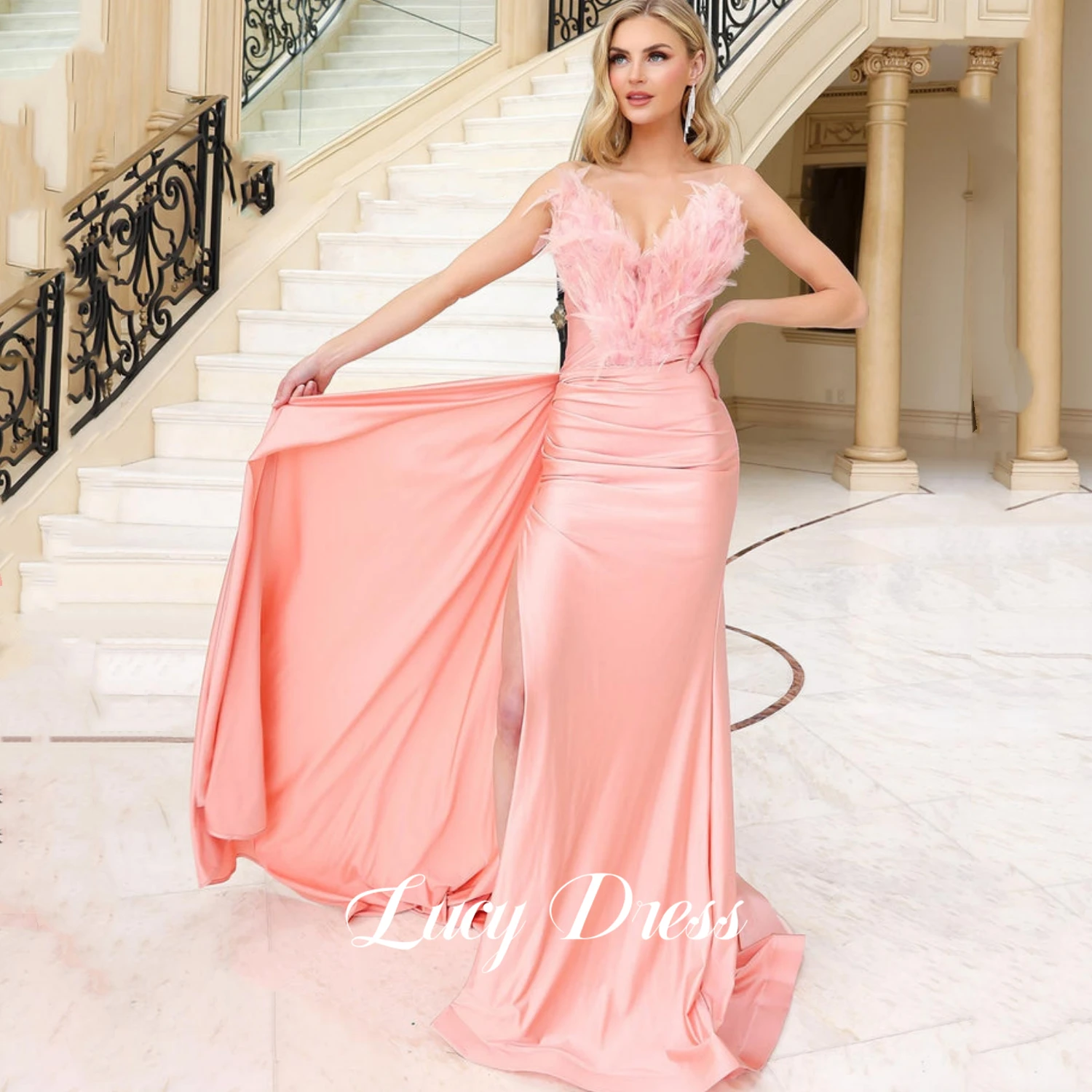 Lucy Evening Dress Pink Feather Decoration Birthday Party Mermaid Dresses Weddings Elegant Women 2024 Woman Elly Formal Occasion