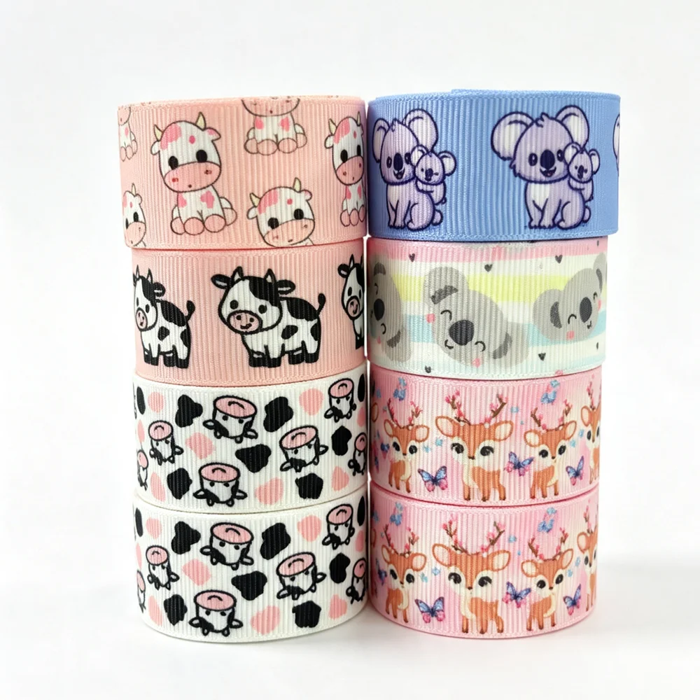 50yards Cartoon Animal Printed Grosgrain Ribbon Cow Koala Deer Pattern Ribbon DIY Hair Bow Gift Wrapping Craft Sewing Decor Ribb