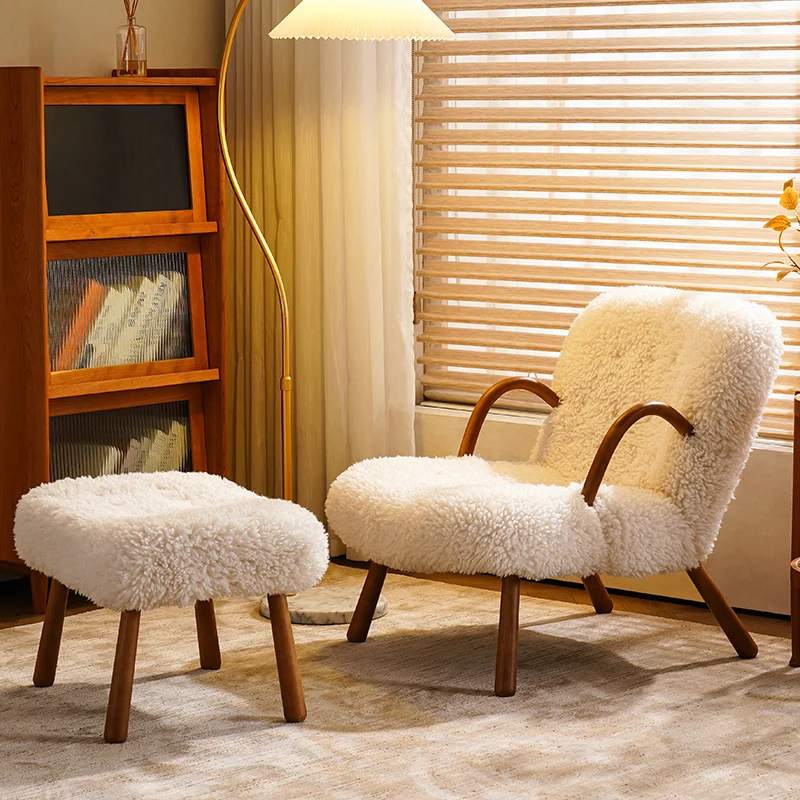 Single Sofa Chair Solid Wood Lazy Chair Simple Home Bedroom Home Stay Designer Leisure Chair Lamb Fleece Chair Bedroom Chair