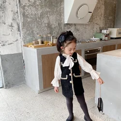 Vestito da principessa per ragazze nuovo autunno nuovo arrivo ragazze vestito da principessa a maniche lunghe vestito da Tweed per bambini con fiocco costumi da festa abbigliamento