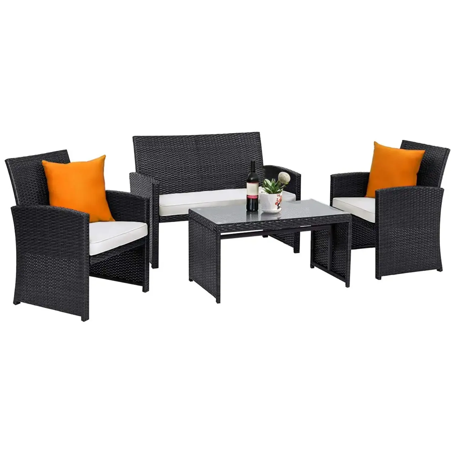 Patio Wicker Conversation Furniture Set, Patiojoy Sofa & Table Set w/4 Seats, Outdoor Rattan Sofa Set for Balcony