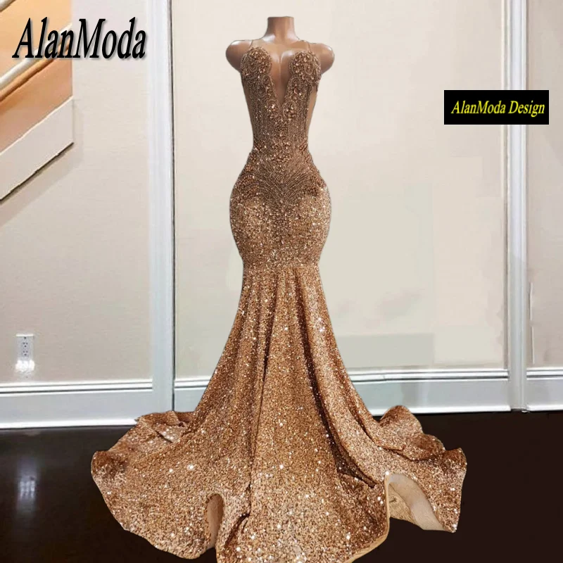 Rose Gold Prom Dresses 2025 Black Girl Luxury Rhinestone Sequin Mermaid Party Gowns Sheer Neck vestidos de fiesta Customized