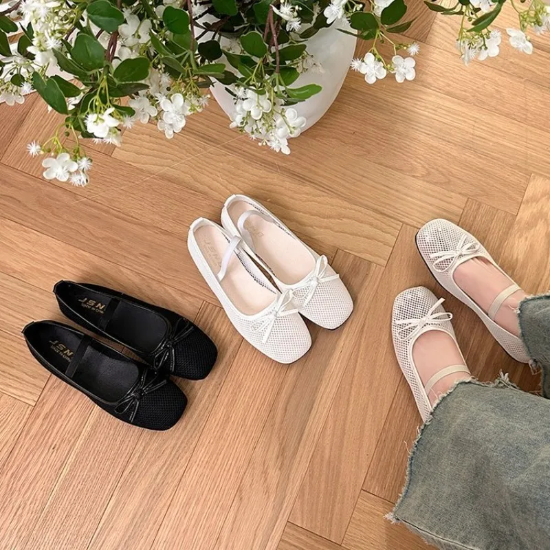 Retro Knot Hollow Out Mary Jane Shoes Soft Bottom Breathable Mesh Single Shoes Korean Style Flat Heel Round Toe