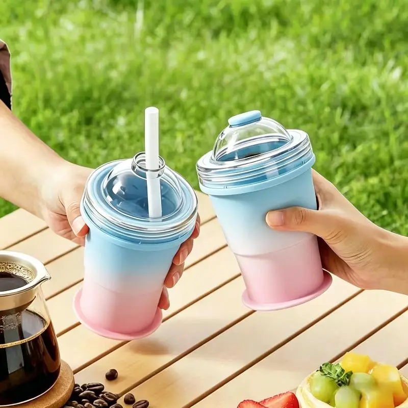 Collapsible Silicone Ice Ball Cup Reusable Portable Ice Sphere Mold With Straw Lid for Juice Coffee Cold Drinks