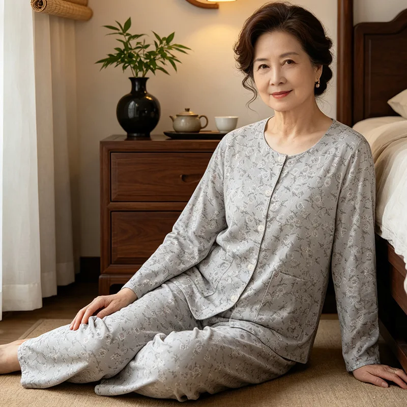 Women's Mid-Aged Round-neck Sleepwear - New Fall/Winter Style - Small Floral Print Sleepwear Set - Gray Long-Sleeved Homewear