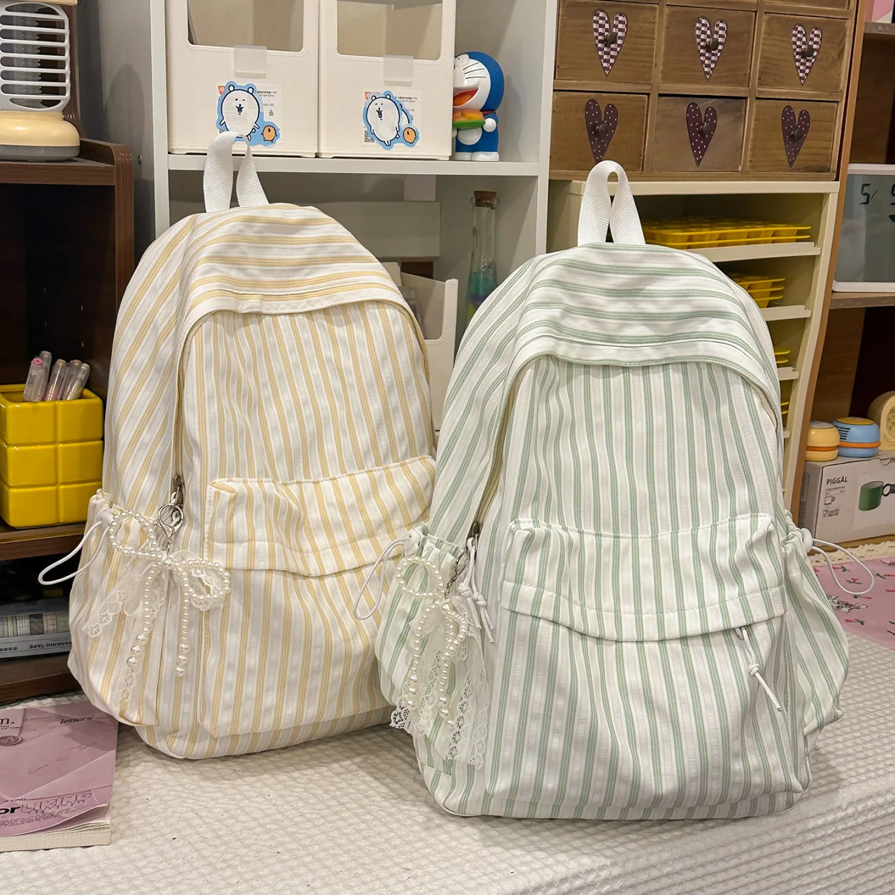New Style Japanese Fresh Simple Striped Large Capacity Middle School Backpack Casual Travel Double Shoulder Bag for Girls 2026