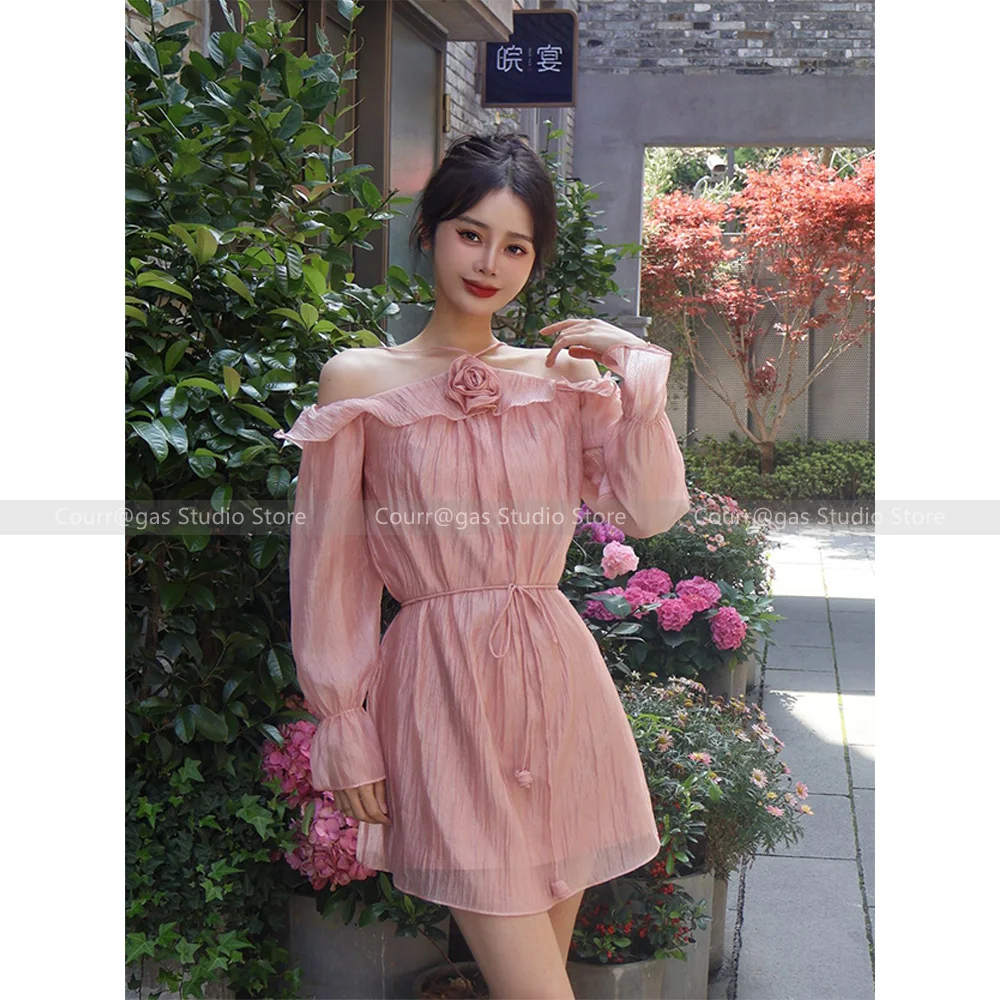 

French romantic temperament senior sense of seaside vacation pink flowers one-shoulder ruffled chiffon dress female