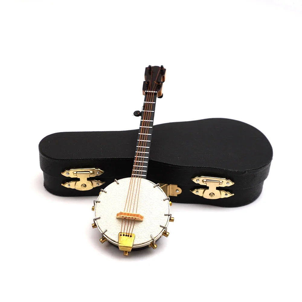 1Pcs Miniature Banjo Model with Support and Case Mini Musical Instrument Dollhouse 1/6 Action figure Accessories bjd