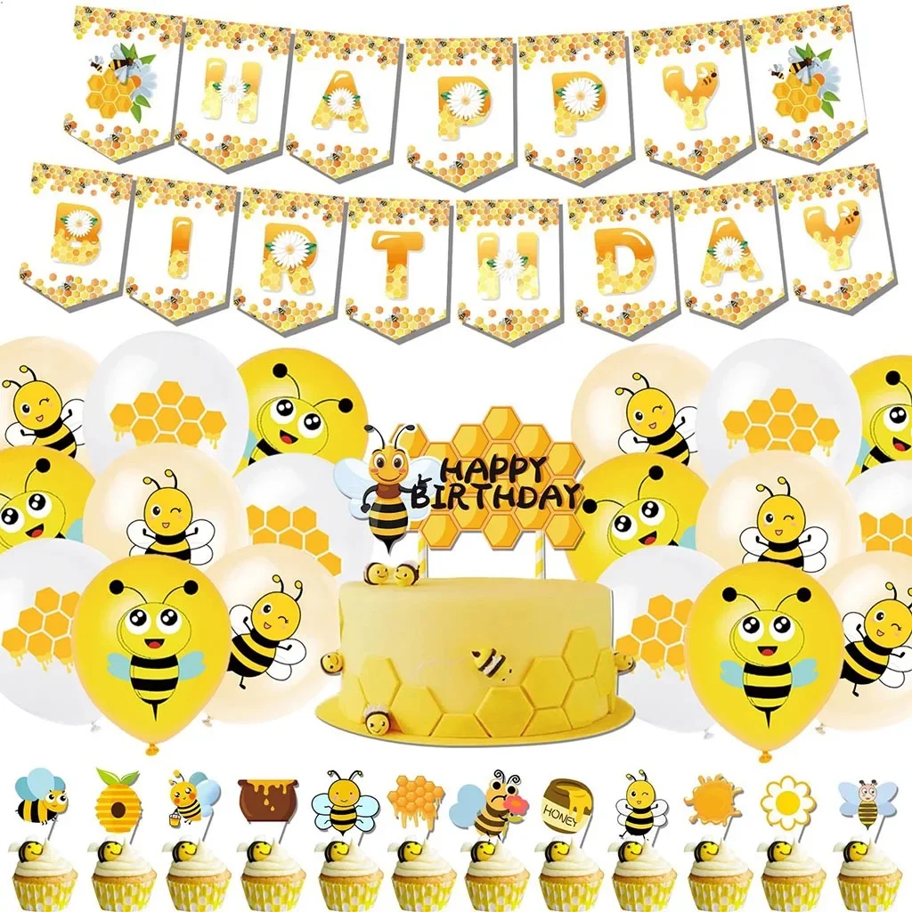 Bee Honeybee Children's Birthday Decoration Party Supplies Birthday Banner Cake Topper Balloon Bee Theme Birthday Party Favor