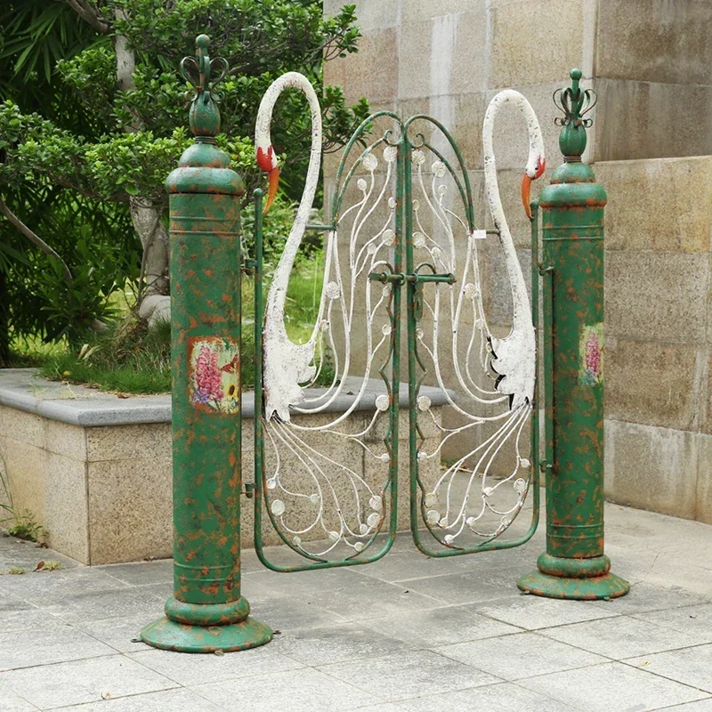 Retro-made old courtyard, home arch, villa, swan garden door, outdoor plant climbing vine, decorative flower stand