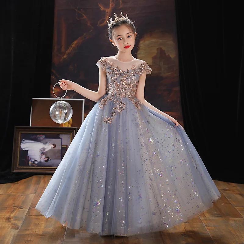 

Blue Children's Dress Princess Dress Girls Catwalk Costume for Piano Performance Tulle Tutu Little Girl Host Evening Dress