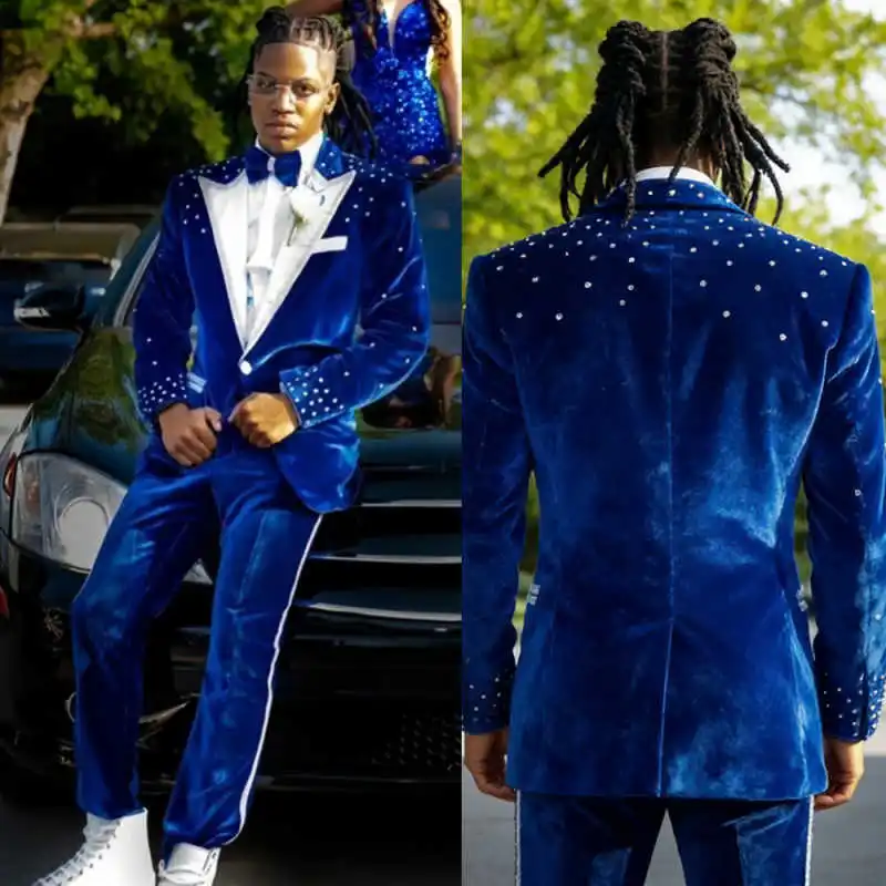 

Современные мужские костюмы из вельвета на заказ, 2 предмета: пиджак и брюки, с заостренными лацканами, на одной пуговице, с кристаллами, для банкетов и вечеринок