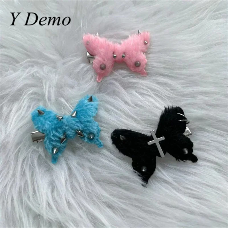 

Y Demo Y2k Colorful Sparks Butterfly Handmade Fuzzy Cloth Women Hairclip Headwear Accessory