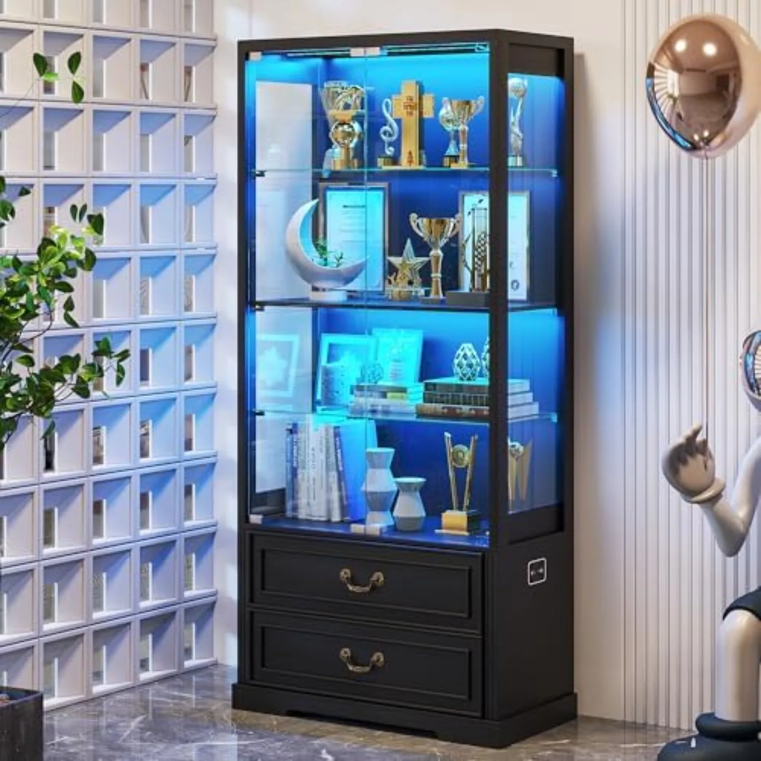 4-Tier Glass Display Cabinet with Door and 2 Drawers | Curio Cabinet with Motion Sensor, Led Light Display Cases for