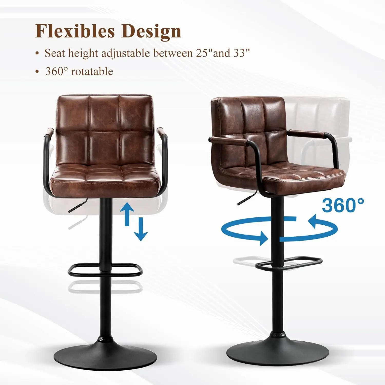 등받이가 있는 바 스툴 2개 세트, 팔걸이가 있는 현대적인 사각형 PU 가죽 주방 스툴, 조절 가능한 카운터 높이(다크 브라운)