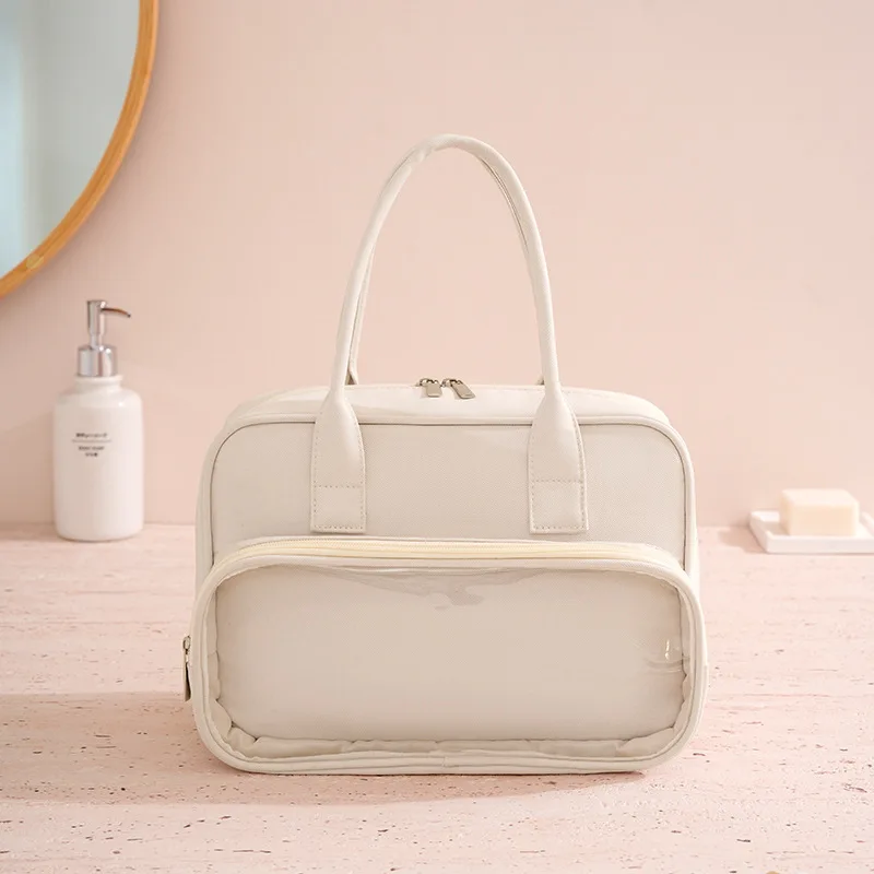 3pcs Makeup Bags PU Plain Patchwork Transparent Double Zipper Waterproof Protable Travel Handbag