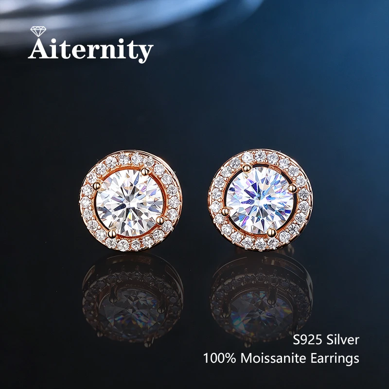 Moissanite S925 Sterling Silver ROSE GOLD Stud Earrings For Women With 2 Certificates Pass Diamond Testing Pen Fine Jewelry