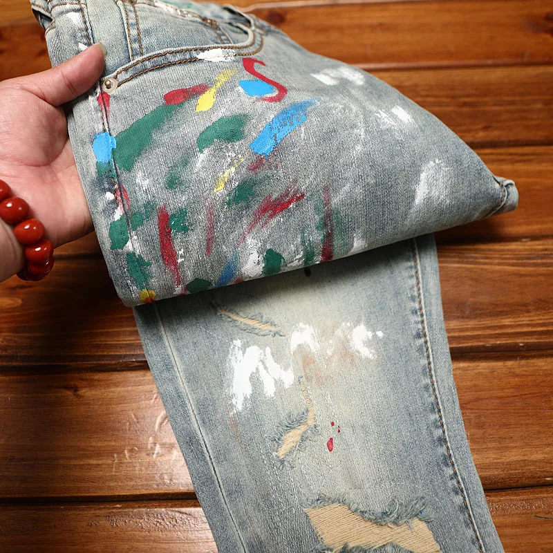 Broken hole retro jeans men's summer trend fashionable nostalgic classic street ruff handsome slim fit small leg denim pants