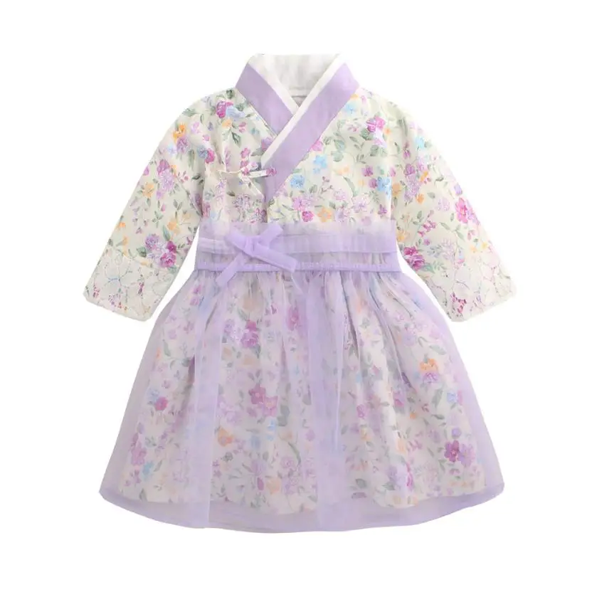 2PCS New Baby Girls Traditional Korean Hanbok Fashion Style Dress Cotton Long Sleeve Print 1-8 Years Old Child Asian Dress Y2742