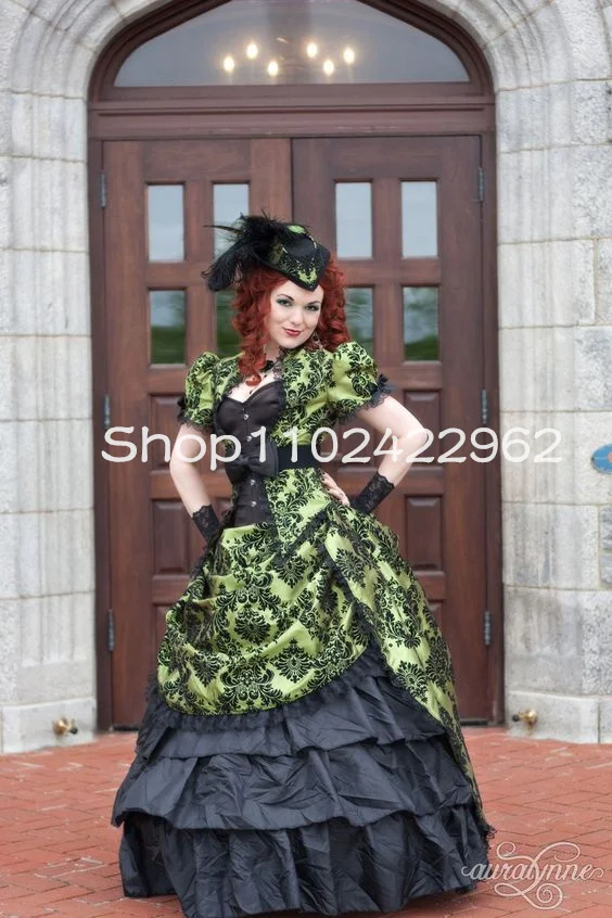 Olive Opulence Steampunk Vestidos De Noiva, Fada Puffy Shoulder Hoop Saias, Gothic Victorian Ruched Vestido De Noiva, Plus Size