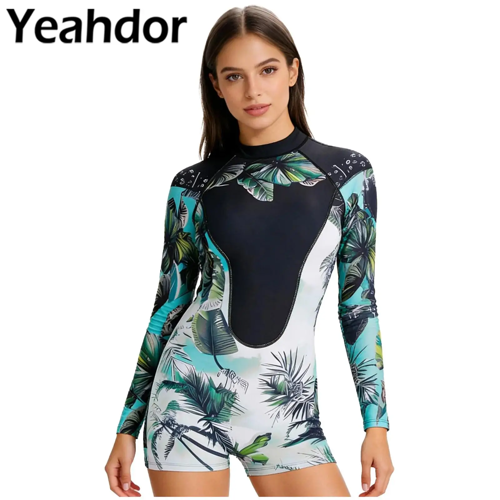 

Womens Swim Leotard Fashionable Printed Long-sleeve One-piece Sun-protection Swimsuit Zipper Rash Guard Surf Diving Wear