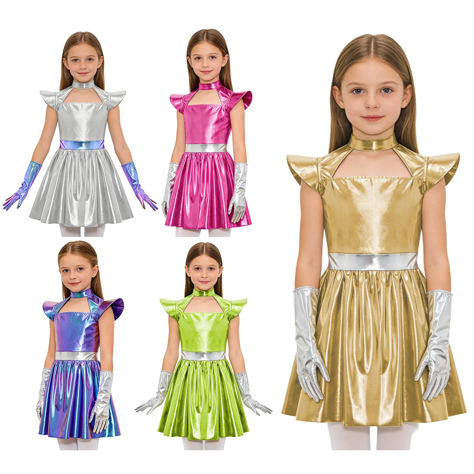 Kids Alien Astronauts Cosplay Costume Girls Ballet Dance Dress Flying Sleeve Ruffled Dress with Gloves Halloween Robot Outfit view 2