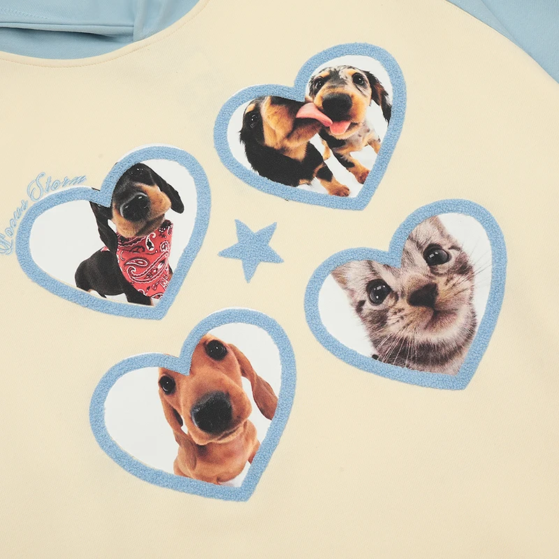 UPRAKF Streetwear Hooded Sweatshirt Star Heart Embroidery Cute Dog Cat Graphic Printing Patchwork Fashion Pullovers Cotton